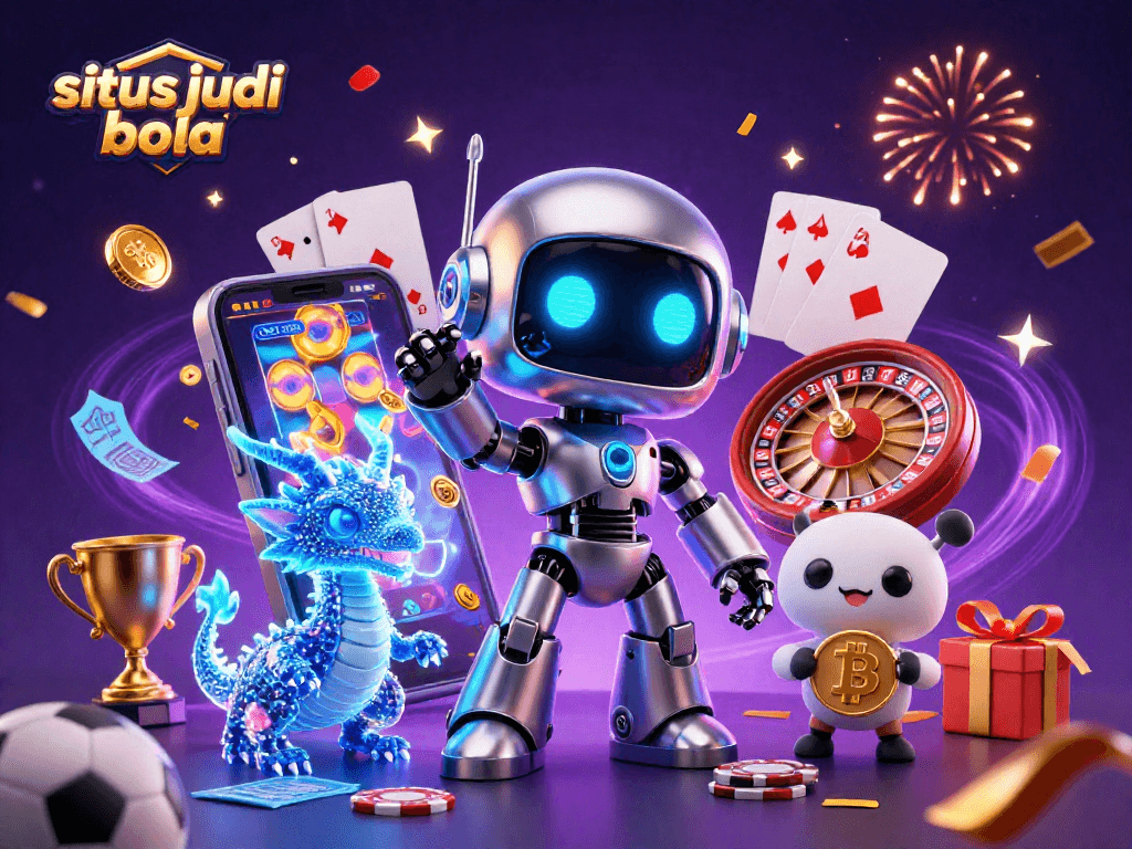Engage in situs judi bola action with a dynamic 3D scene showcasing betting elements and a vibrant casino atmosphere.