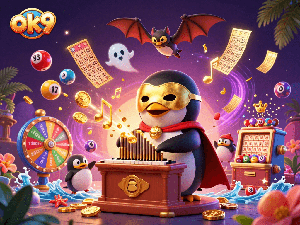 Experience thrilling wins with ok9 as the penguin plays a winning pipe organ amid golden coins