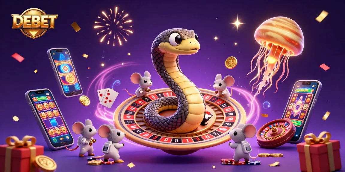 Place bets in the cosmic casino DEBET with a playful Saturn snake and astronaut mice.