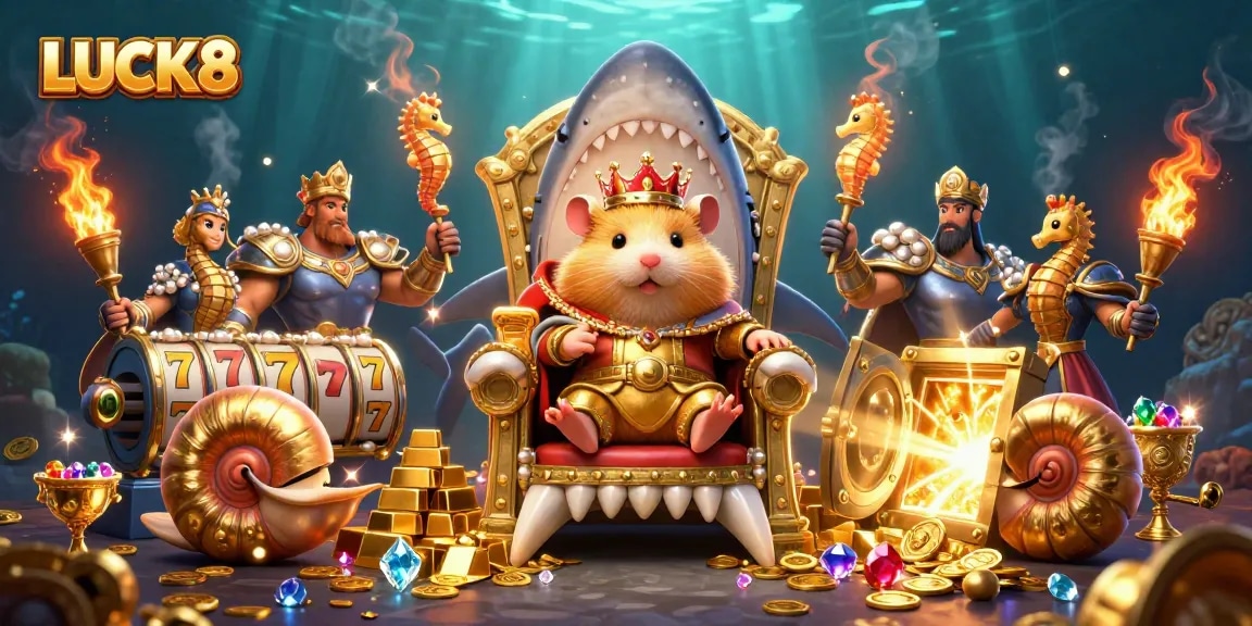 Experience thrilling moments with LUCK8's golden hamster king amid dazzling casino treasures.