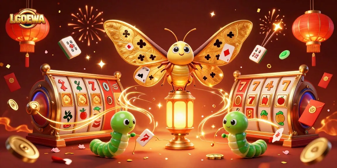Engage with LGODEWA's vibrant casino scenes featuring a majestic atlas moth and dynamic slot gaming elements.