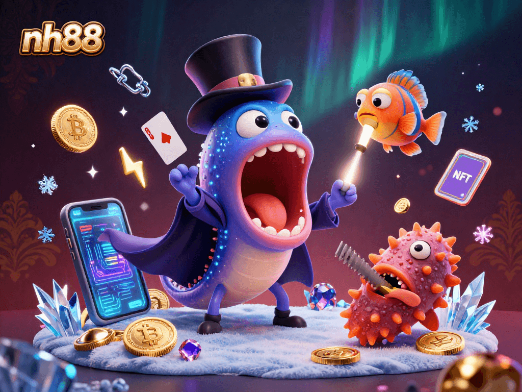 Experience exciting gaming at nh88 with a vibrant illustration featuring unique underwater characters and casino elements.