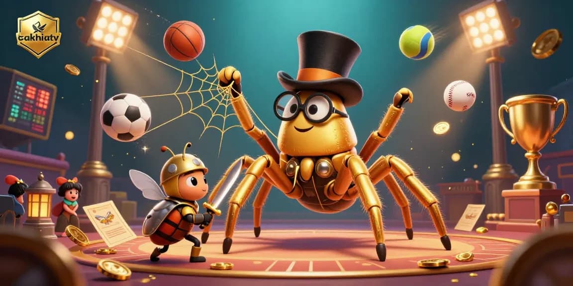 CakhiaTV showcases a vibrant 3D scene with a golden tarantula and a beetle knight amidst sports elements.