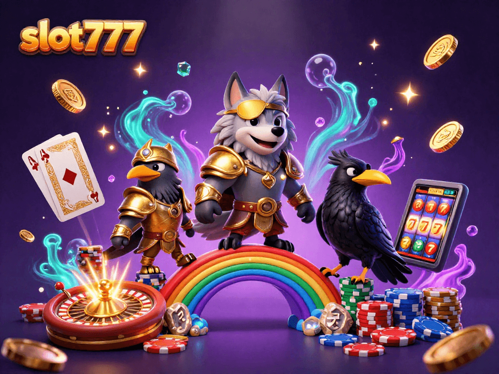 Experience thrilling gameplay at slot777 with Odin and ravens amidst a vibrant casino scene.