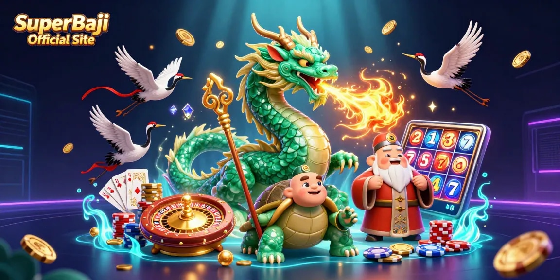 Win big with the SuperBaji Official Site, featuring a vibrant scene of luck and fortune in a casino setting.