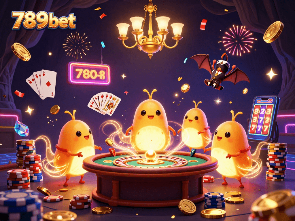 Play and win at 789bet in an ultra-detailed casino scene with vibrant glowworms and dynamic game elements.