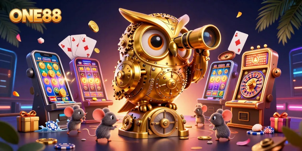 Experience the excitement of ONE88 with a golden owl scanning a vibrant casino floor, filled with games and patrons.