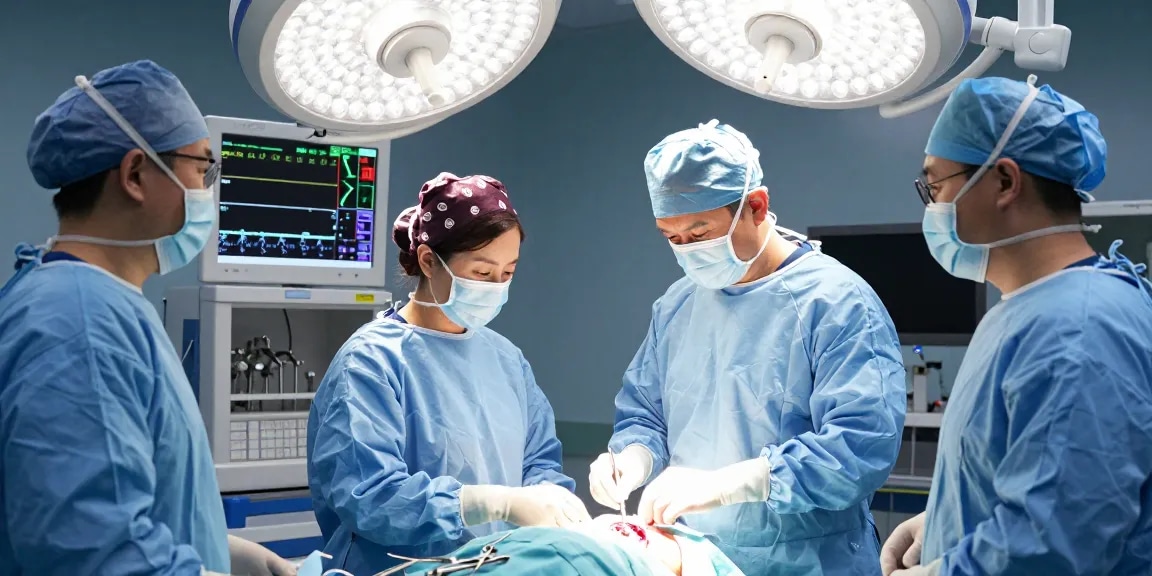 In the operating room, a neurosurgeon performs beyin tümörü ameliyatı surrounded by a focused surgical team and state-of-the-art medical equipment.