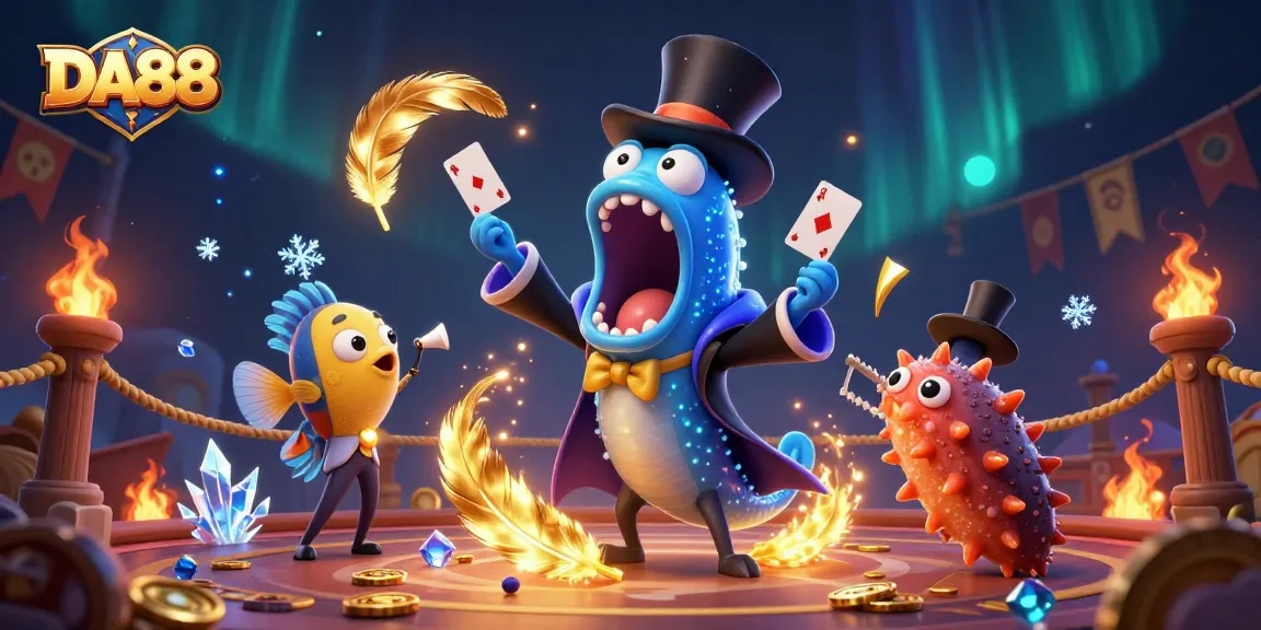 DA88 showcases a bioluminescent eel performing card tricks in a vibrant casino scene.