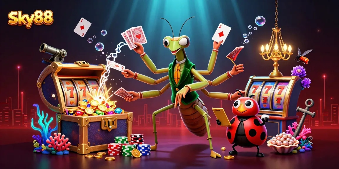 Sky88's vibrant casino illustration features a mantis card sharp, ladybug pit boss, and exciting game elements.