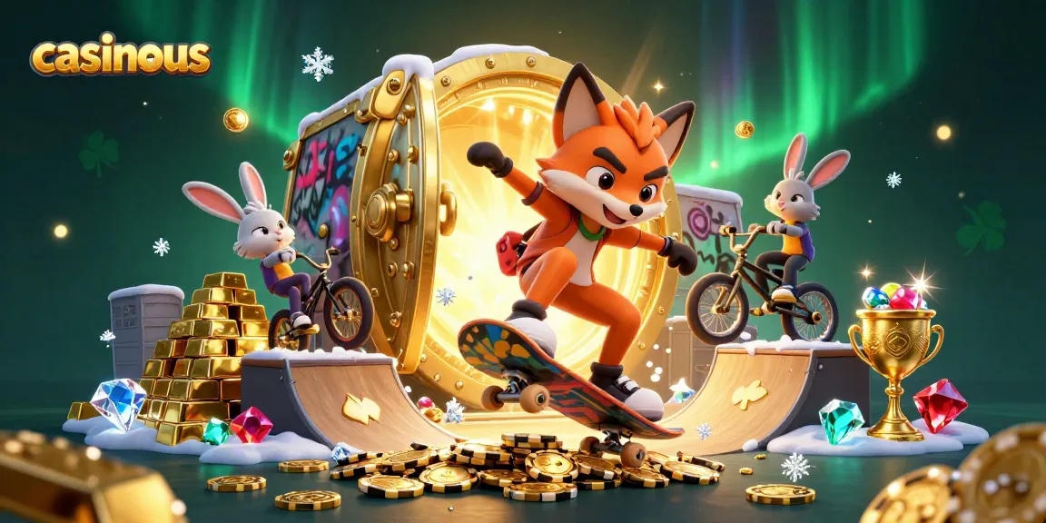 Experience the thrill at casinous with cartoon fox and rabbit performing tricks among casino treasures.