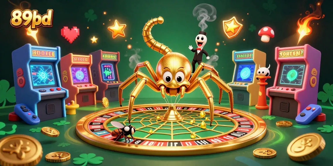 Experience the thrill of betting at 89bd with a golden spider creating a roulette wheel web.