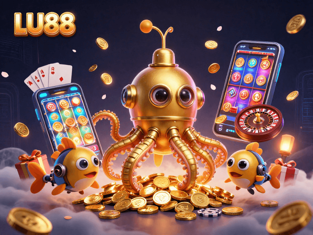 Play thrilling casino games on LU88 with a captivating kraken submarine amidst golden treasures.