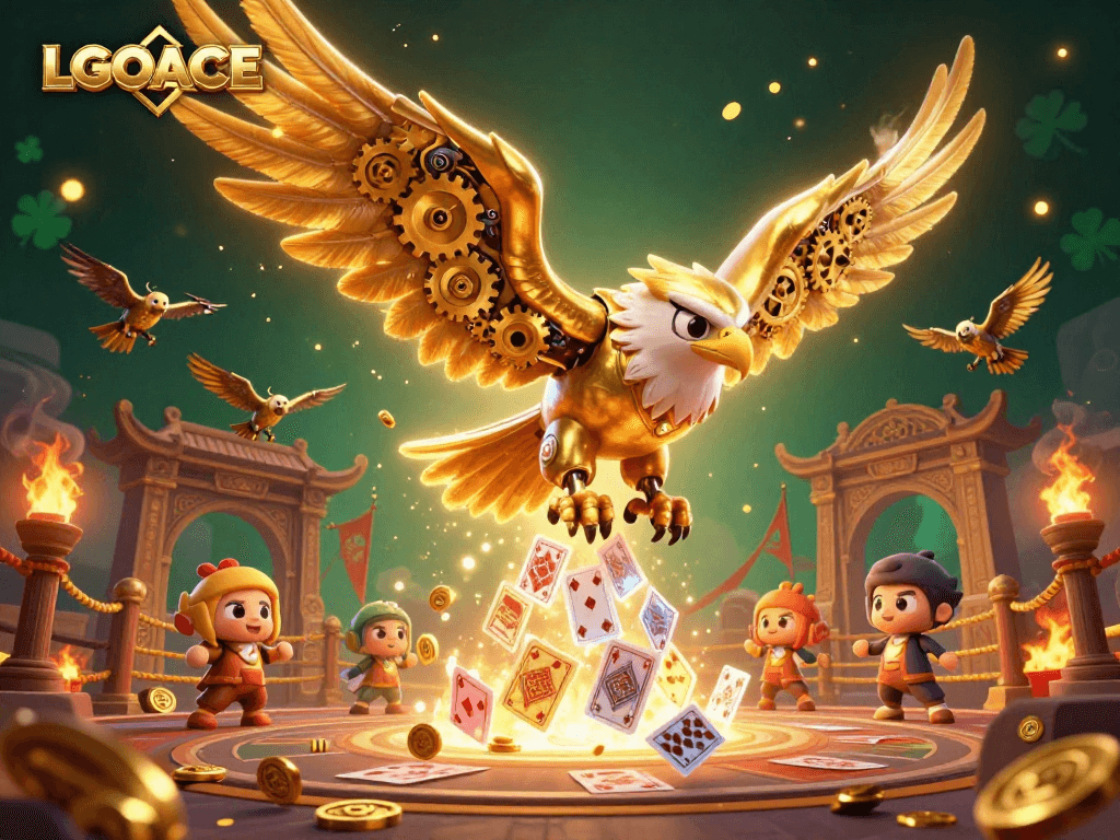 LGOACE showcases an epic scene with a cybernetic eagle and drone falcons amidst glowing casino elements.
