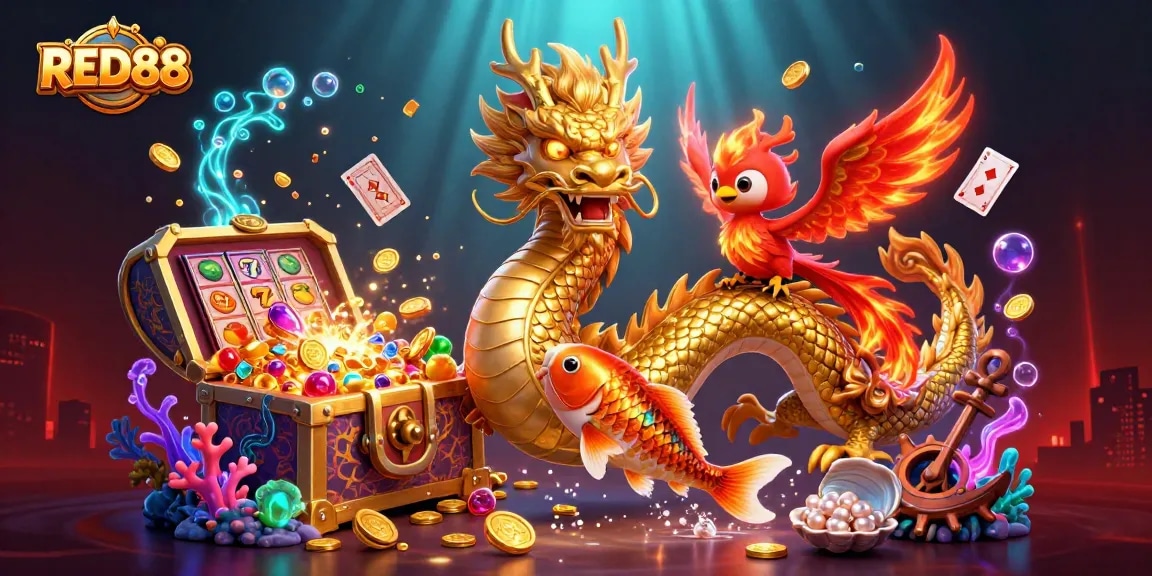 Immerse in the action with RED88's dynamic 3D illustration featuring a majestic dragon, phoenix, and koi fish.