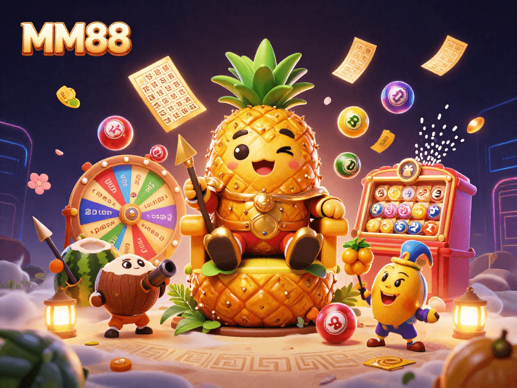 Engage with MM88's exciting casino world featuring vibrant illustrations and game elements.