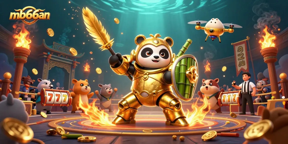 mb66an showcases a mech-suit panda and Chinese-themed slot elements in a vibrant casino scene