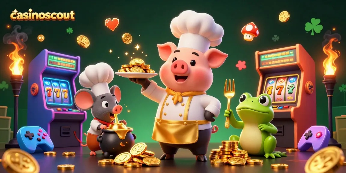 Experience casinoscout's vibrant 3D casino scene with a gourmet pig and gaming excitement.