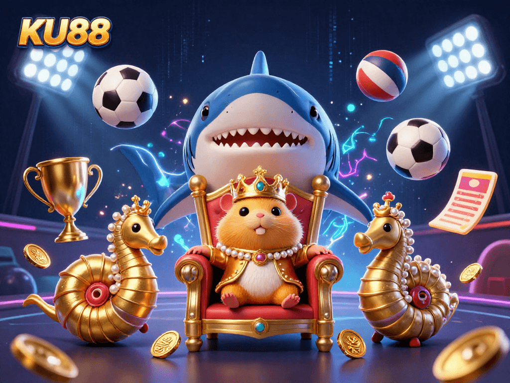 Bet on KU88 with a captivating scene featuring a golden hamster king and sports elements