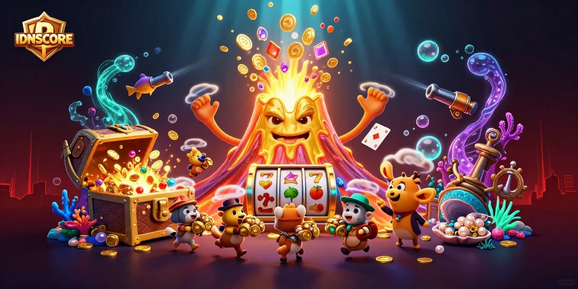 IDNSCORE showcases a vibrant 3D illustration of a golden volcano erupting coins and gems, symbolizing winning big in casino slots.