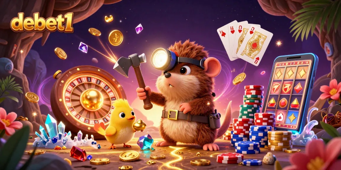 Engage with debet1's exciting casino games featuring a treasure hunter mole and dynamic gambling elements.