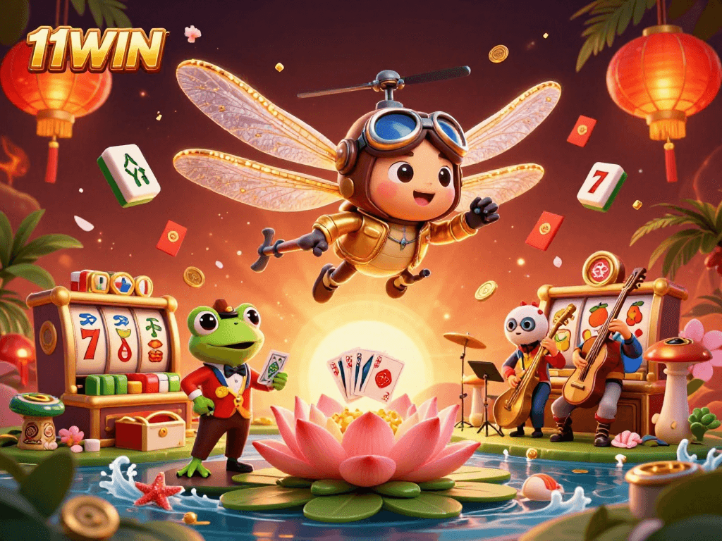 11WIN showcases vibrant casino magic with a dragonfly pilot and frog croupier dealing cards.