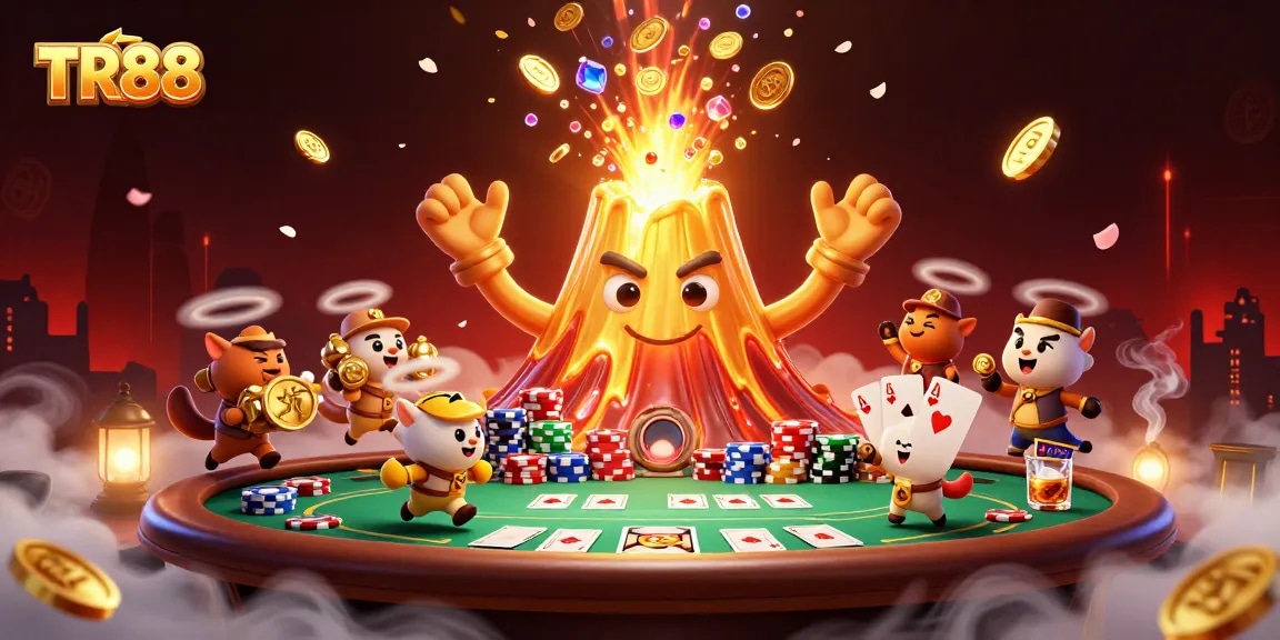 Immerse in TR88's thrilling gaming experience with erupting gold, poker elements, and vibrant energy.
