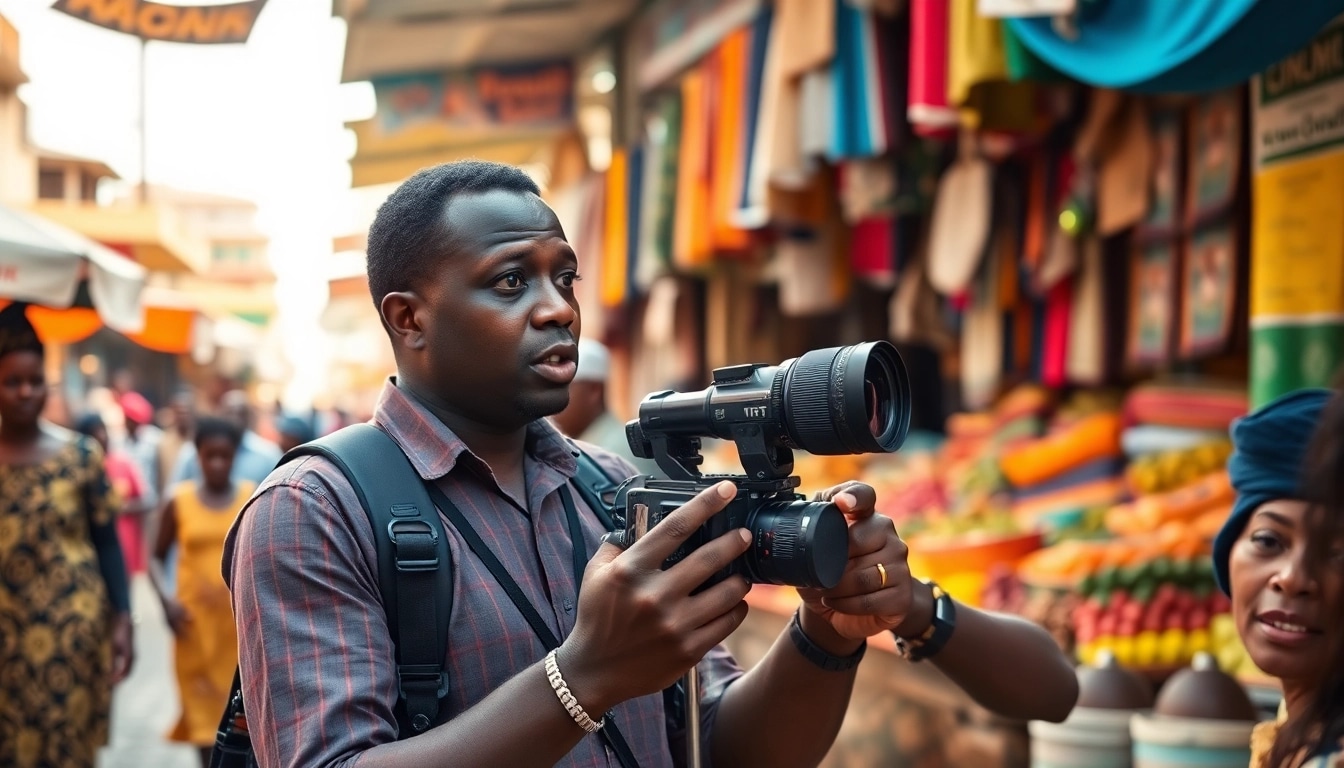 Capture of Naija news journalist engaging with locals in a vibrant Lagos market