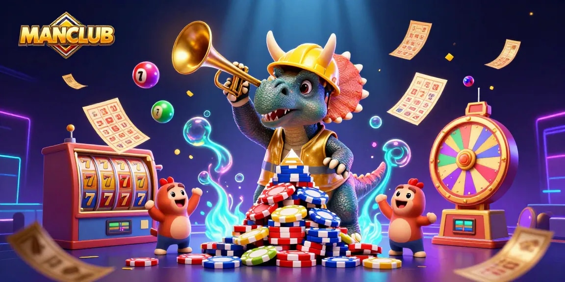 Engage with thrilling MANCLUB action as a triceratops builds poker chip pyramid amidst festive casino elements.