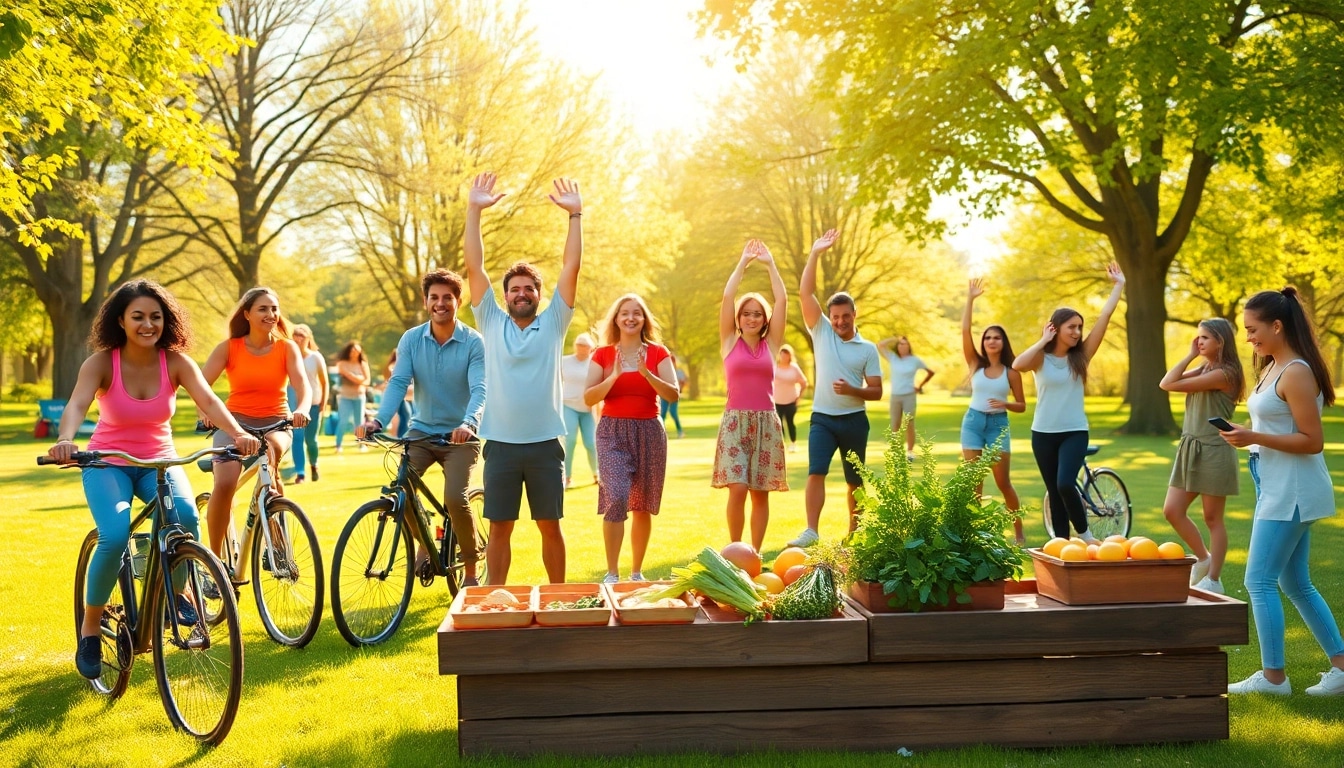 Engaged community practicing a Healthy Life through outdoor activities and nutritious cooking.