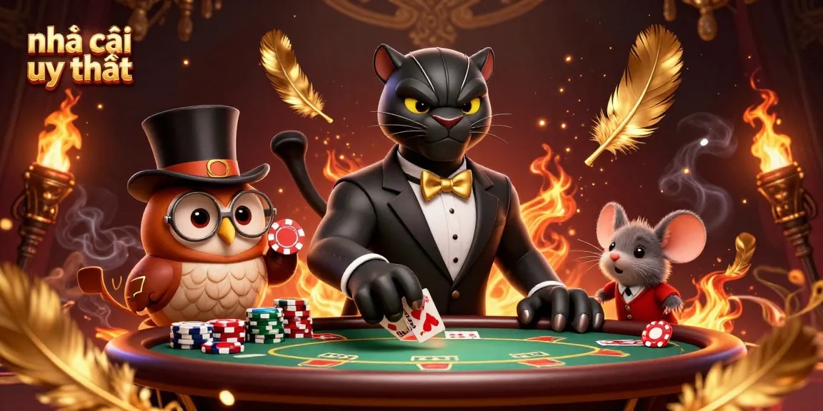 Engaging scene featuring a stylish panther dealer at a poker table, epitomizing nhà cái uy tín