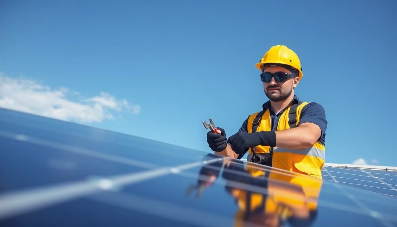 Technician performs solar panel repair New Jersey on a rooftop, ensuring efficient energy capture.
