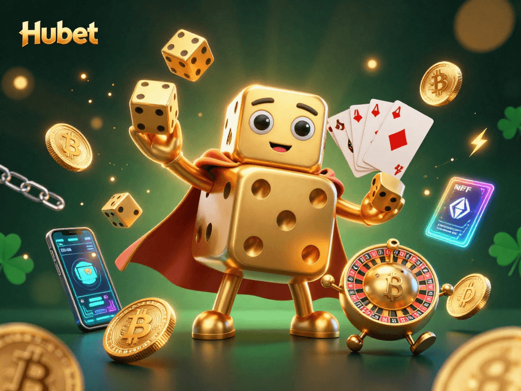 Win big at Hubet with a captivating 3D casino illustration showcasing golden dice action and cryptocurrency elements.