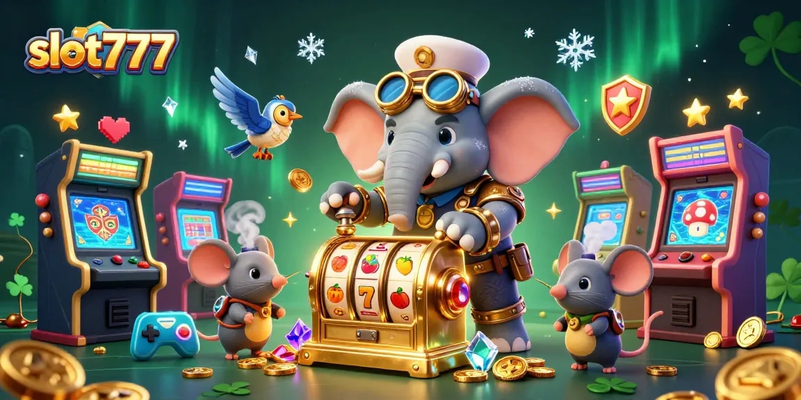 Tampilkan slot777 dengan gajah teknik kartun steampunk mengoperasikan mesin slot emas, dikelilingi elemen kasino.