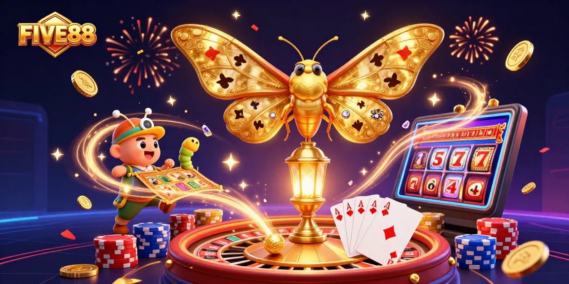 Engage with FIVE88's vibrant casino scene showcasing golden coins, roulette wheel, and exuberant celebrations.