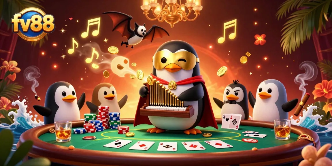 Experience FV88 with a colorful illustration of a phantom penguin playing an organ amidst swirling golden coins and poker elements.