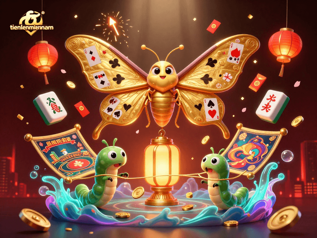 Engage in thrilling games at tienlenmiennam, where a majestic atlas moth accompanies vibrant casino elements.