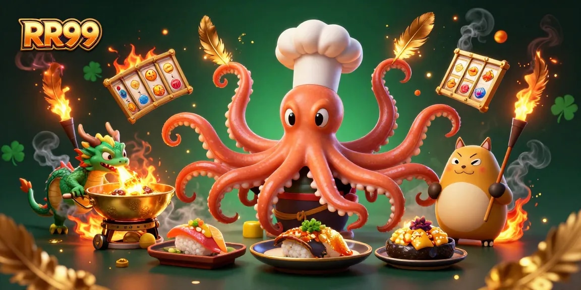 Engage with RR99's dynamic casino experience featuring a cartoon octopus chef and dragon.