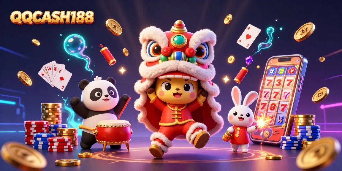 Enhance your gambling experience with QQCASH188 featuring a festive lion dance amid vibrant casino elements.