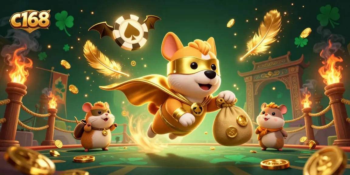 Win big at c168 with a heroic dog carrying coins in an exciting casino-themed scene.