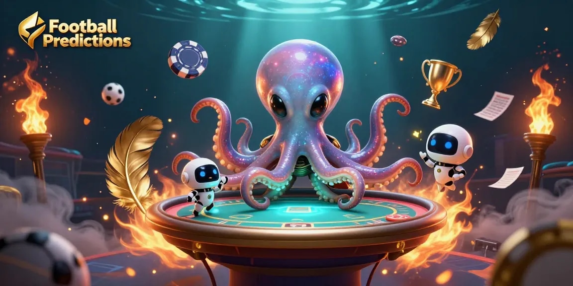 Engage in Football Predictions with an alien octopus at a futuristic poker table surrounded by vibrant gambling elements.
