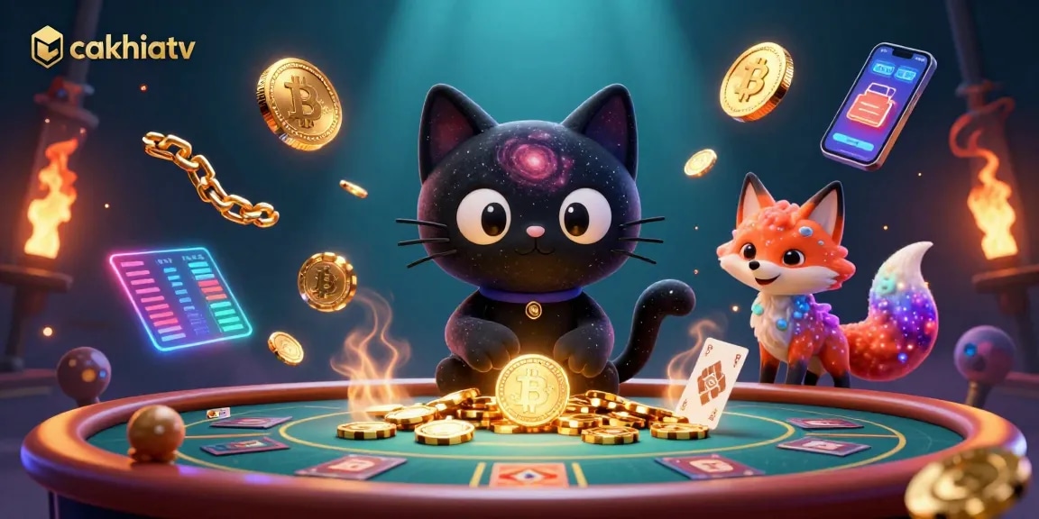 Engage in the cosmic gambling experience at cakhiatv with a 3D cartoon black hole cat, pulling in chips and cards.