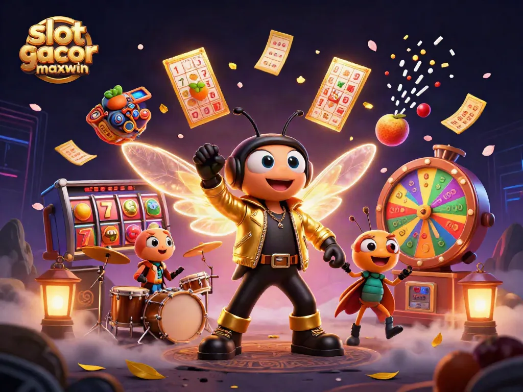 Engage with slot gacor maxwin as the cicada rock star unveils vibrant slot reels in a dynamic casino scene.