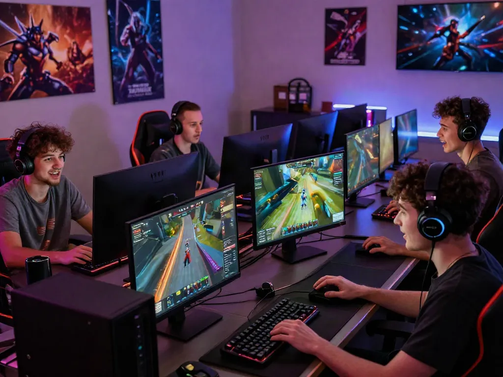 Exciting gaming scene with diverse players immersed in qqmacan gameplay, showcasing community and competition.
