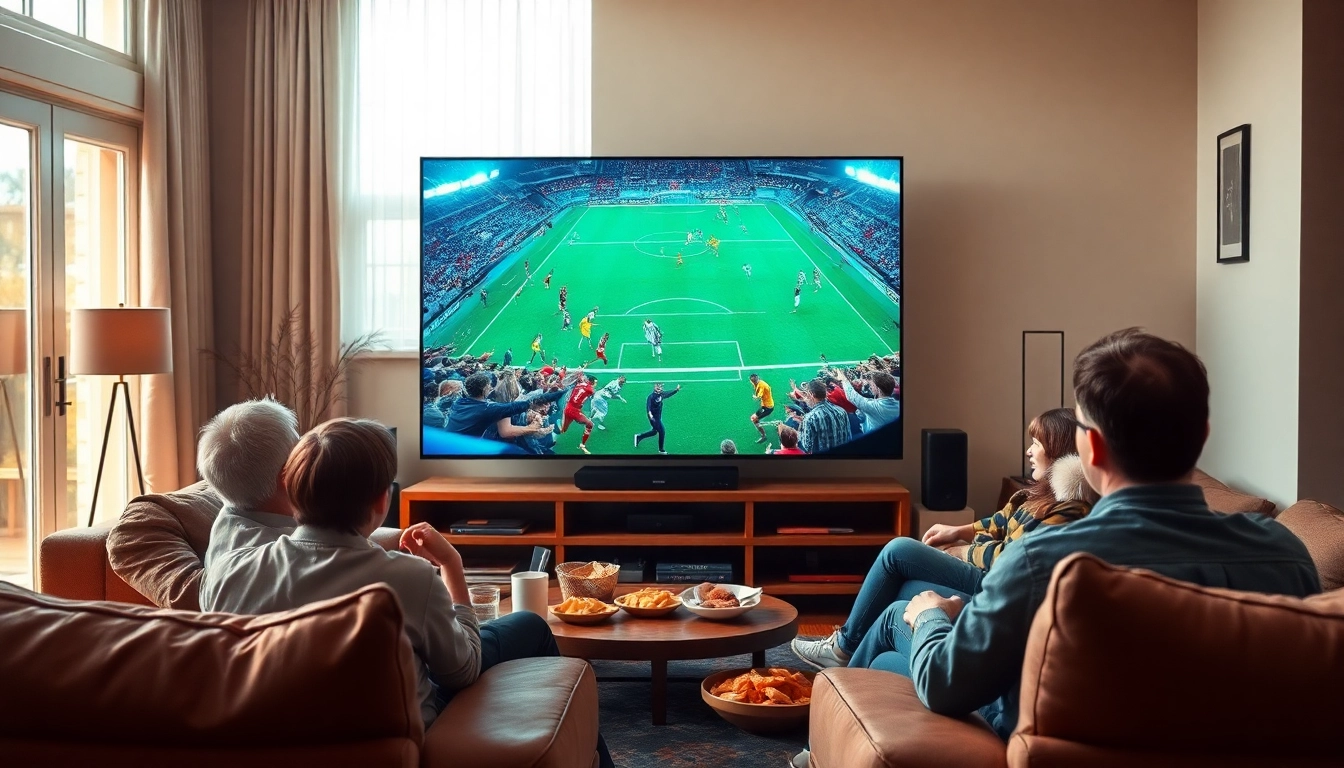 Menyaksikan nonton bola di ruang keluarga yang nyaman dengan TV besar menampilkan pertandingan langsung.