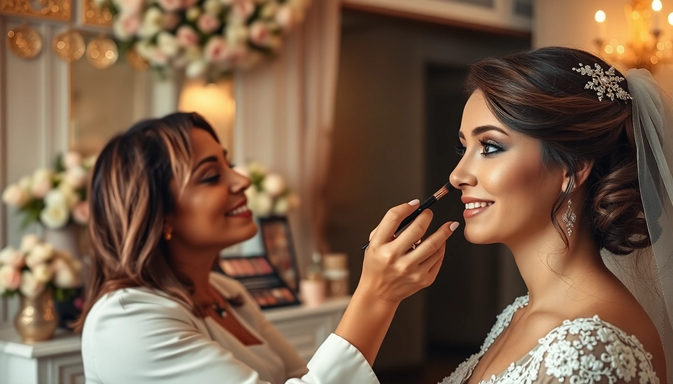 Professional makeup artist enhancing a bride's beauty in a serene setting.