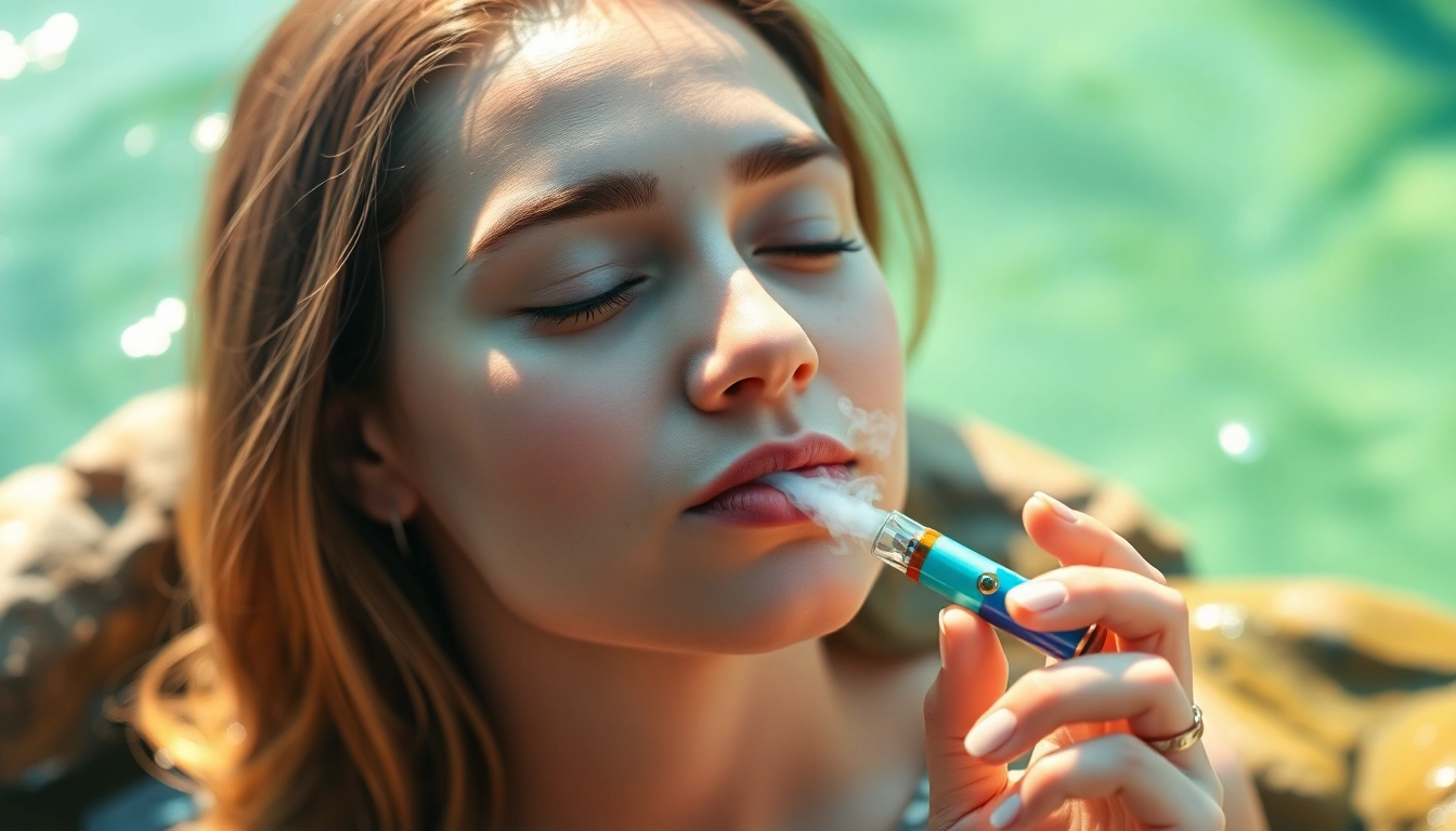 Vaping without nicotine for anxiety; a serene individual enjoys a colorful vape pen in a tranquil setting.