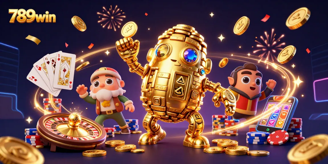 Experience the thrill of 789win with a golden golem and casino games in a vibrant celebration.