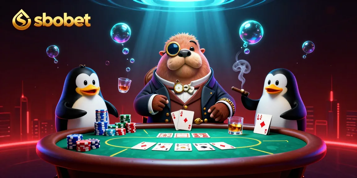 Sbobet sports betting scene with a jolly walrus, penguin dealer, and bluffing pufferfish