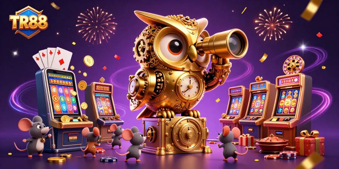 Experience TR88's thrilling casino games with a magical owl and wind-up mice amidst jackpot excitement.